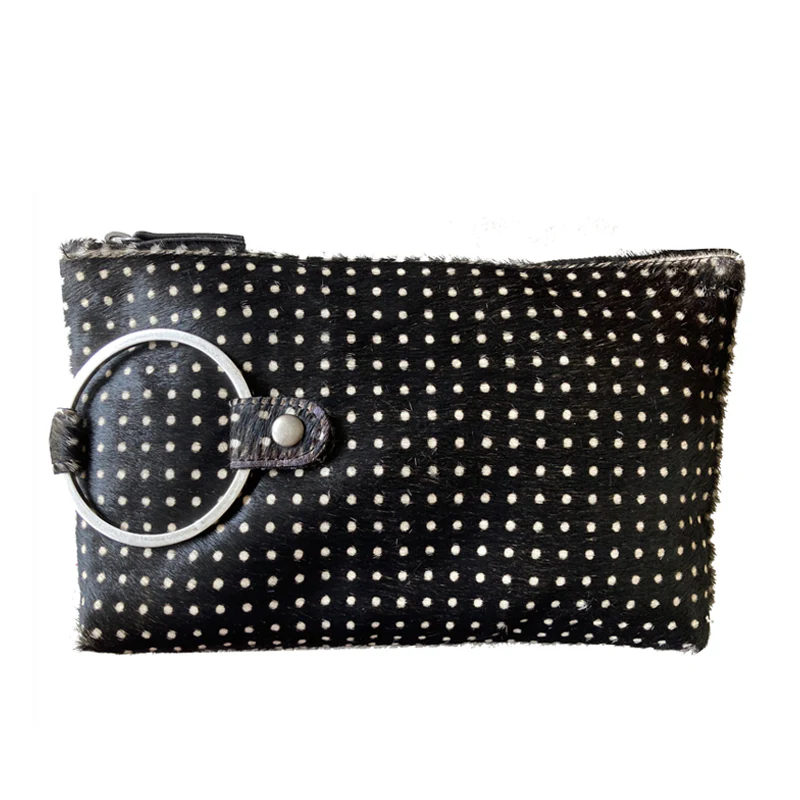 Ring Clutch - Black & White Polka Dot Fur