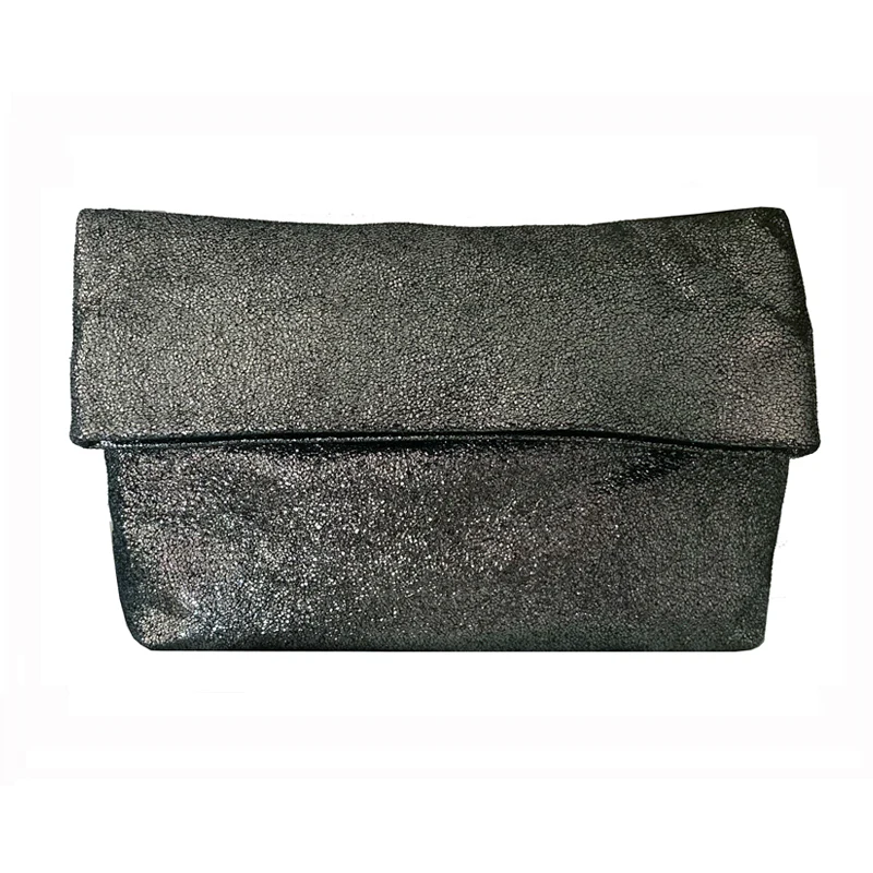 Foldover Clutch wMagnet - Gunmetal Glittery Metallic